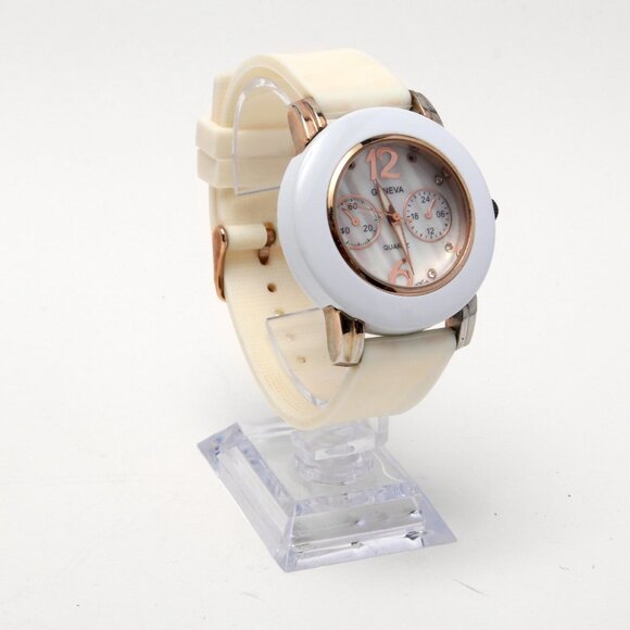 Geneva Quartz Mother of Pearl Face Watch Silicone Rhinestones Large Gold Cream - Picture 3 of 12